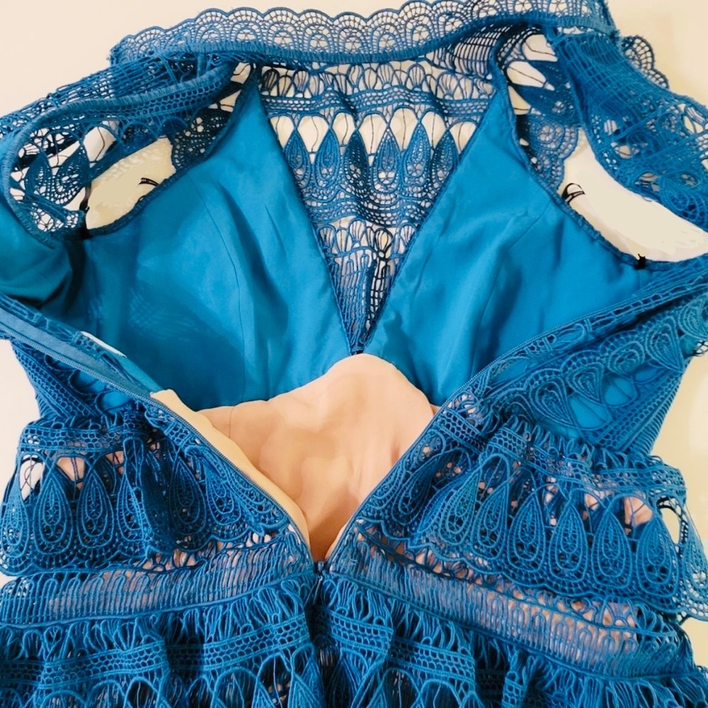 Self-Portrait Teardrop Guipure Tiered Lace Turquoise Teal BOHO Embroidery Dress - Picture 14 of 16